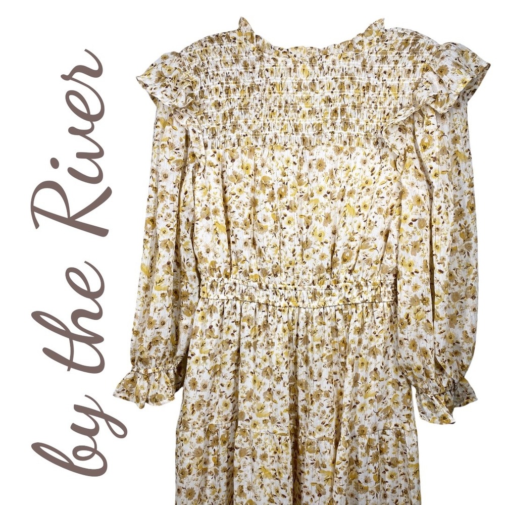 By the River Romantic Floral Boho Smocked Tiered Maxi Dress Cream Yellow, Medium - Picture 6 of 14